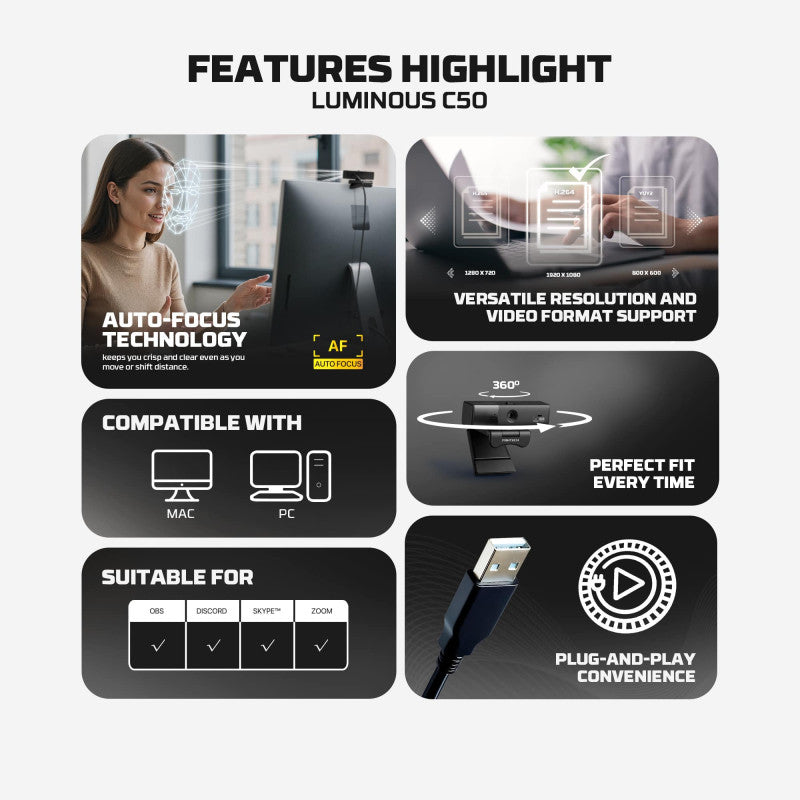FANTECH C50 LUMINOS: Professional 2K Quad-HD Webcam with Auto Focus, Support for 60FPS, Built-in Micro 3D Noise Cancellation
