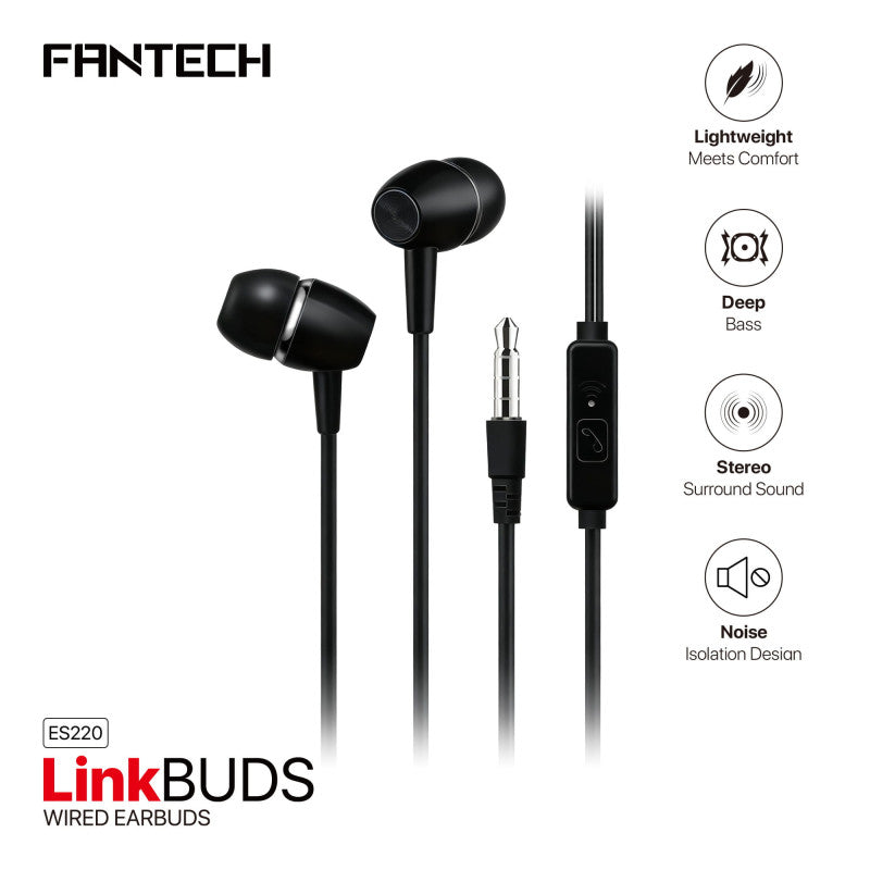 FANTECH ES220 LINKPODS Wired In‑Ear Headphones with Mic, 10mm Drivers, 3.5mm TRRS, Noise-Isolating, Deep Bass