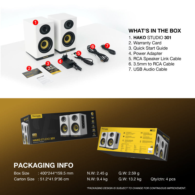 FANTECH Finecoustic Hako Studio 301: 80W 2.0 Bookshelf Speakers, Bluetooth 5.3, 5-Way Connectivity & Hi-Fi Audio