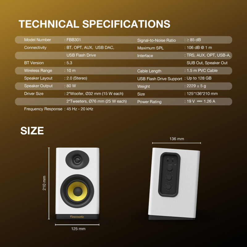 FANTECH Finecoustic Hako Studio 301: 80W 2.0 Bookshelf Speakers, Bluetooth 5.3, 5-Way Connectivity & Hi-Fi Audio