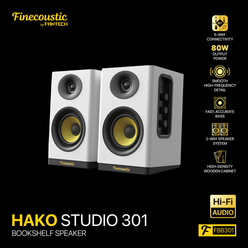 FANTECH Finecoustic Hako Studio 301: 80W 2.0 Bookshelf Speakers, Bluetooth 5.3, 5-Way Connectivity & Hi-Fi Audio