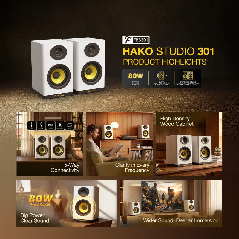 FANTECH Finecoustic Hako Studio 301: 80W 2.0 Bookshelf Speakers, Bluetooth 5.3, 5-Way Connectivity & Hi-Fi Audio
