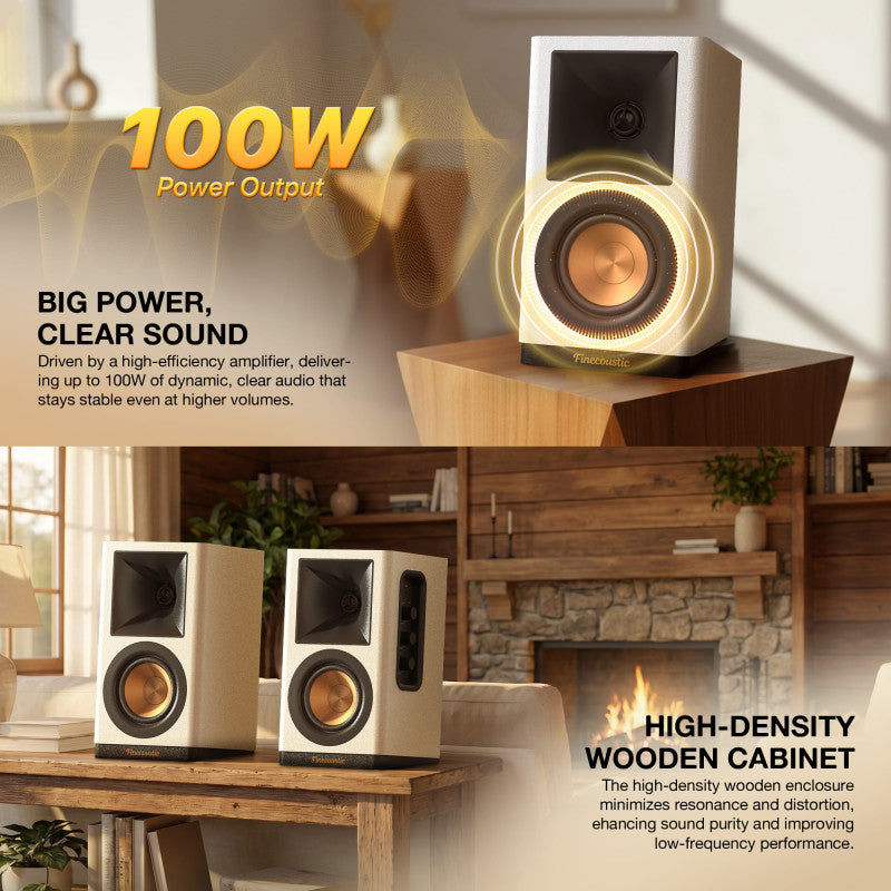 FANTECH Finecoustic Hako Studio 302 100W Stereo Speakers, Bluetooth 5.3, Wood Cabinet, 6-Way Input