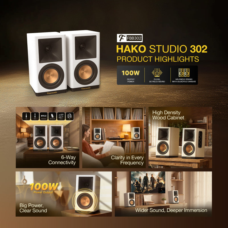 FANTECH Finecoustic Hako Studio 302 100W Stereo Speakers, Bluetooth 5.3, Wood Cabinet, 6-Way Input