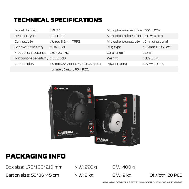 FANTECH MH92 CARBON Immersive Audio Gaming Headset, Crystal-Clear Noise Canceling Mic