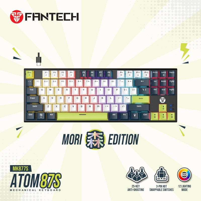 Fantech MORI Edition MK877S - ATOM87S, Pro Wired Mechanical Keyboard with RGB Lighting White