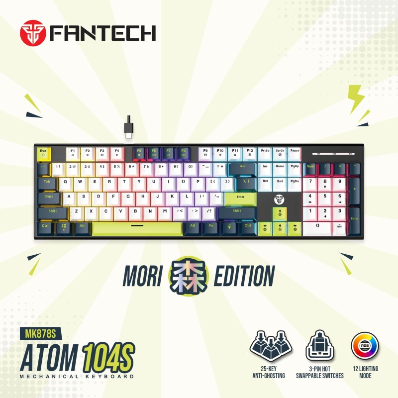 Fantech MORI Edition MK878S - ATOM104S, Pro Wired Mechanical Keyboard with RGB Lighting White