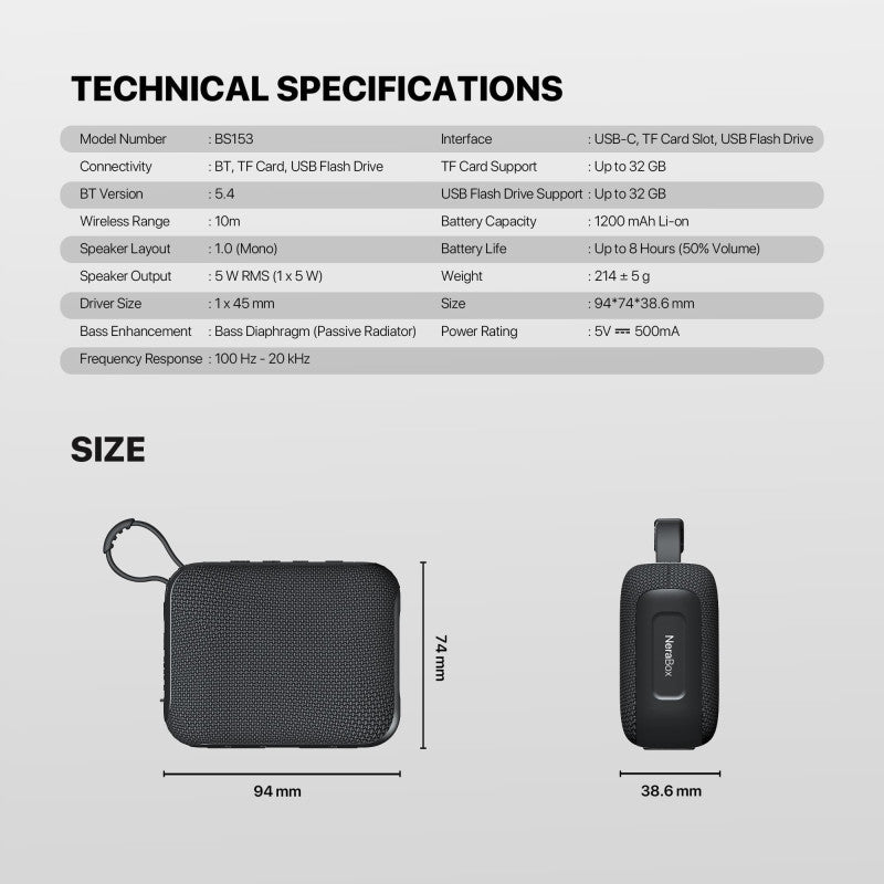 FANTECH NERABOX BS153 Wireless Speaker Bluetooth 5.4, 5W RMS, TWS Mode, USB & TF Card Support, Built-in Battery