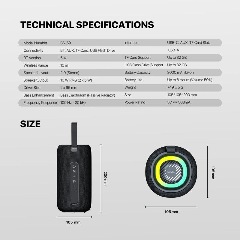 FANTECH NERABOX BS159 Wireless Speaker Bluetooth 5.4, 10W RMS, TWS Mode, USB, AUX & TF Support, Built-in Battery