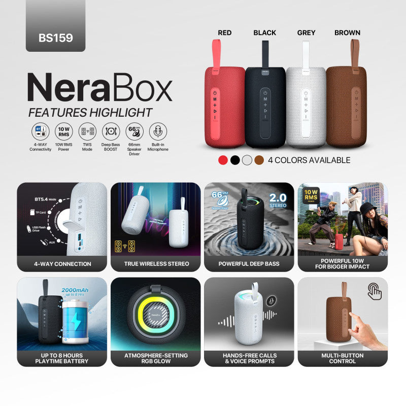 FANTECH NERABOX BS159 Wireless Speaker Bluetooth 5.4, 10W RMS, TWS Mode, USB, AUX & TF Support, Built-in Battery