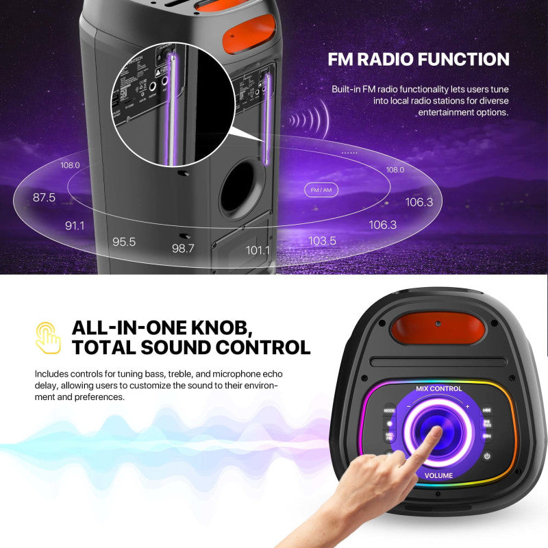 FANTECH NeraParty NP02: 700W Party Speaker, Dual 8" Woofers, RGB Lights, TWS, FM, Mic/Guitar Input & Wireless Karaoke Kit