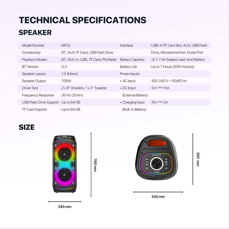 FANTECH NeraParty NP02: 700W Party Speaker, Dual 8" Woofers, RGB Lights, TWS, FM, Mic/Guitar Input & Wireless Karaoke Kit