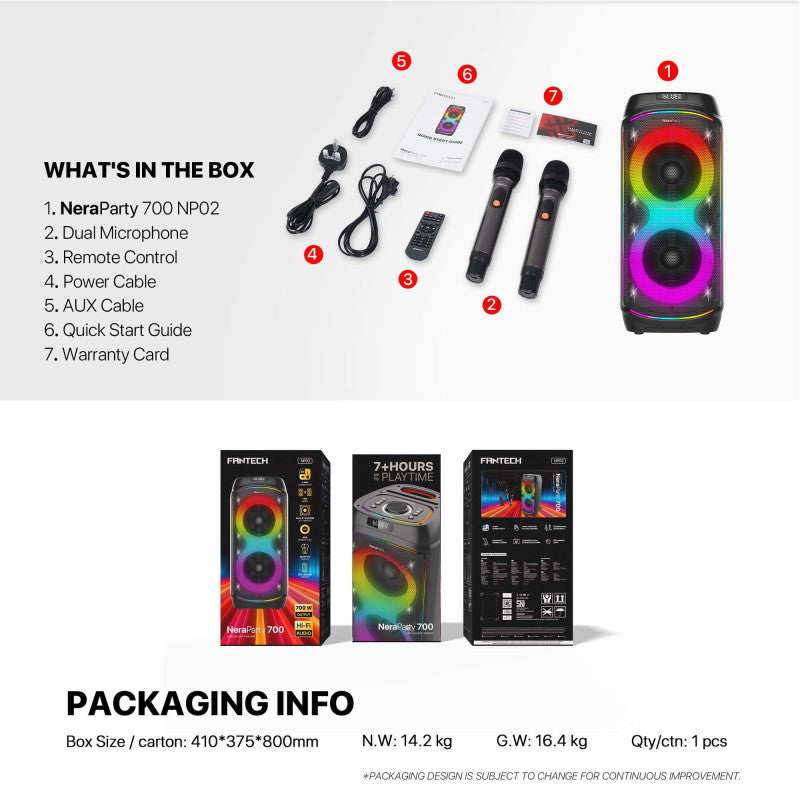 FANTECH NeraParty NP02: 700W Party Speaker, Dual 8" Woofers, RGB Lights, TWS, FM, Mic/Guitar Input & Wireless Karaoke Kit