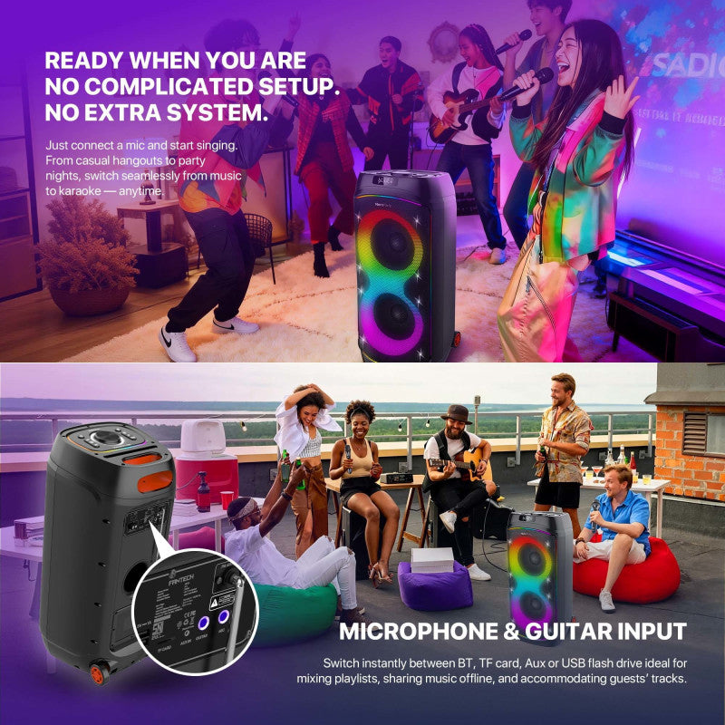 FANTECH NeraParty NP02: 700W Party Speaker, Dual 8" Woofers, RGB Lights, TWS, FM, Mic/Guitar Input & Wireless Karaoke Kit