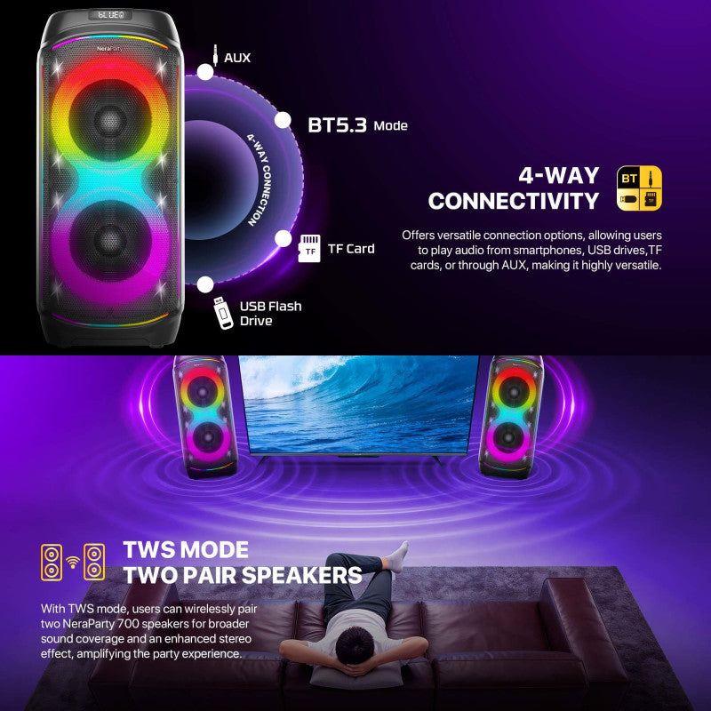 FANTECH NeraParty NP02: 700W Party Speaker, Dual 8" Woofers, RGB Lights, TWS, FM, Mic/Guitar Input & Wireless Karaoke Kit