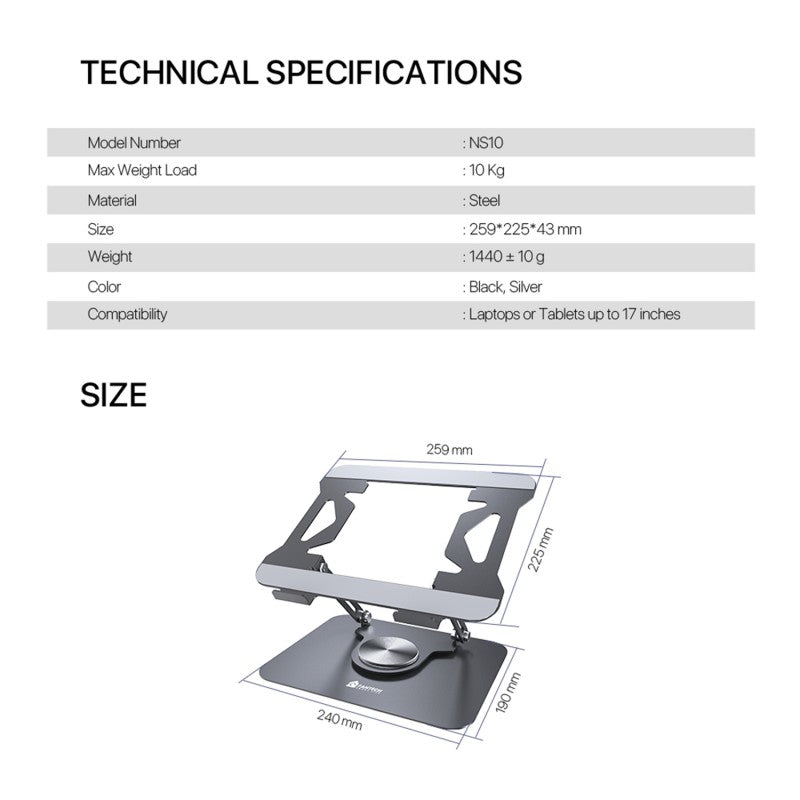 Fantech NS10 Portable Laptop Stand & Riser – Adjustable Height, Heavy-Duty Steel, 360° Rotating Base, for 11” to 17” Laptops