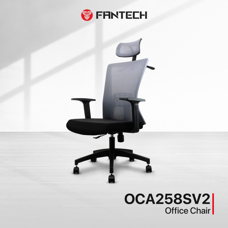 Fantech OC-A258SV2: Ergonomic & Heavy-Duty Office Chair with Lumbar Support, Adjustable Headrest & Built-in Jacket Holder Grey