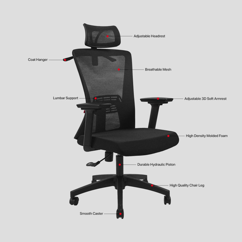 Fantech OC-A258SV2: Ergonomic & Heavy-Duty Office Chair with Lumbar Support, Adjustable Headrest & Built-in Jacket Holder Grey