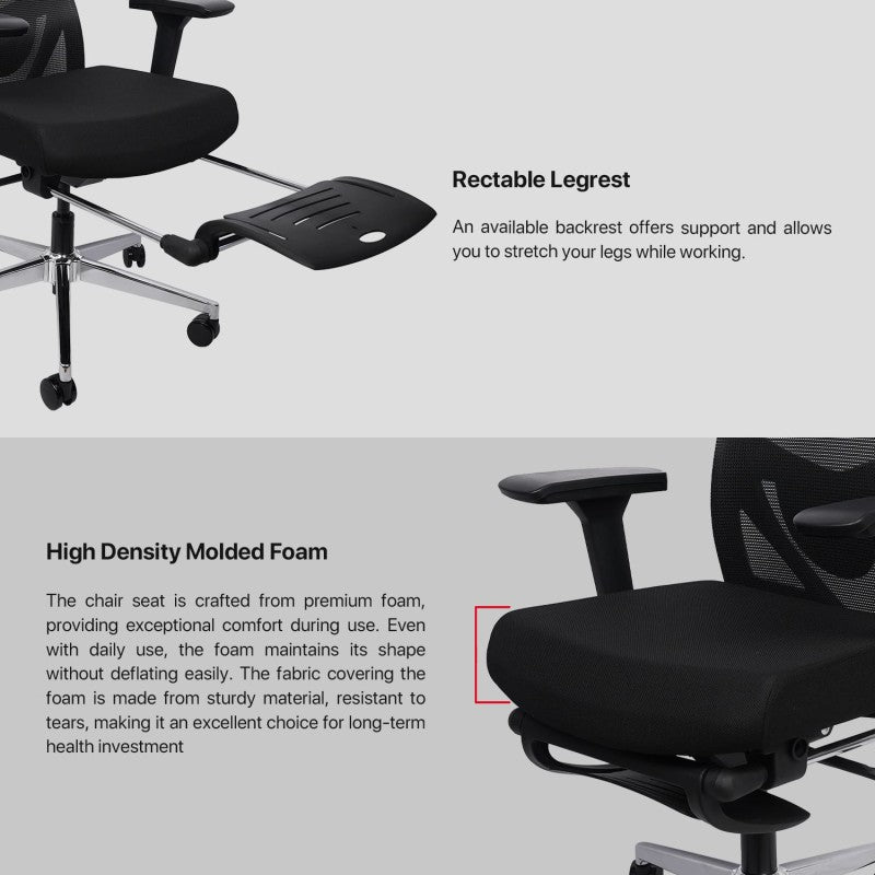 FANTECH OC-A259PRO Office Chair with Adjustable 4D Armrests, Retractable Leg Rest, Breathable Backrest, and Smart Features Black