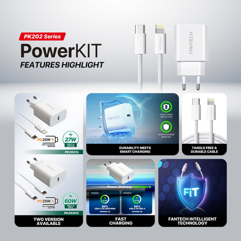 FANTECH Power Kit PK202CC – 20W PD Fast Charging USB-C Charger + 1M USB-C to USB-C Cable