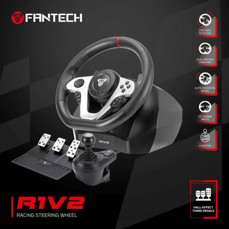 FANTECH R1V2 Professional 900° Racing Steering Wheel Bundle with Gear Shifter & Hall-Effect Pedals, Dual-Motor Vibration