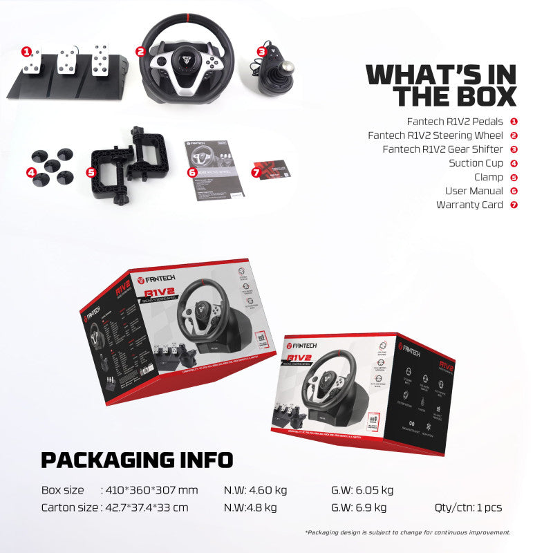 FANTECH R1V2 Professional 900° Racing Steering Wheel Bundle with Gear Shifter & Hall-Effect Pedals, Dual-Motor Vibration