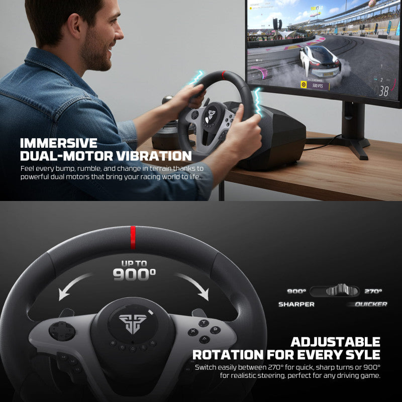 FANTECH R1V2 Professional 900° Racing Steering Wheel Bundle with Gear Shifter & Hall-Effect Pedals, Dual-Motor Vibration