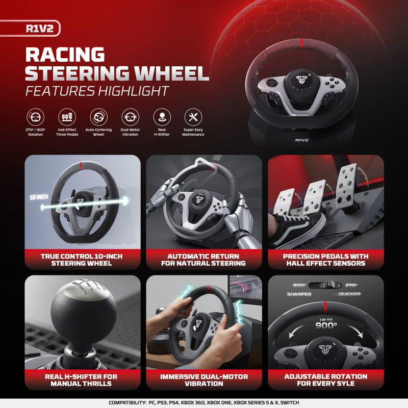 FANTECH R1V2 Professional 900° Racing Steering Wheel Bundle with Gear Shifter & Hall-Effect Pedals, Dual-Motor Vibration