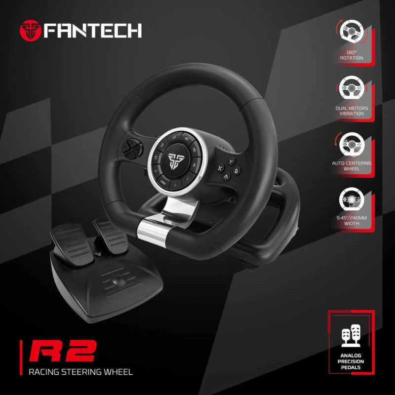 Fantech R2 Racing Steering Wheel with Analog Pedals – 180° Rotation, Dual Vibration for PC, PS4, PS3, Xbox One & Switch