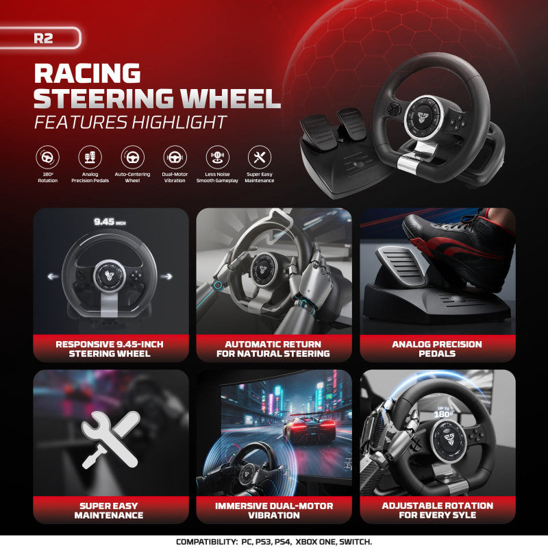 Fantech R2 Racing Steering Wheel with Analog Pedals – 180° Rotation, Dual Vibration for PC, PS4, PS3, Xbox One & Switch