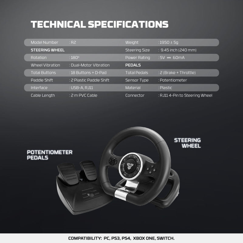 Fantech R2 Racing Steering Wheel with Analog Pedals – 180° Rotation, Dual Vibration for PC, PS4, PS3, Xbox One & Switch