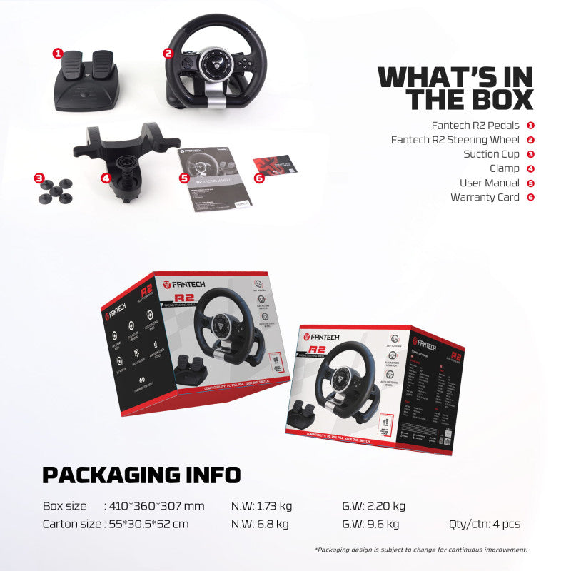 Fantech R2 Racing Steering Wheel with Analog Pedals – 180° Rotation, Dual Vibration for PC, PS4, PS3, Xbox One & Switch