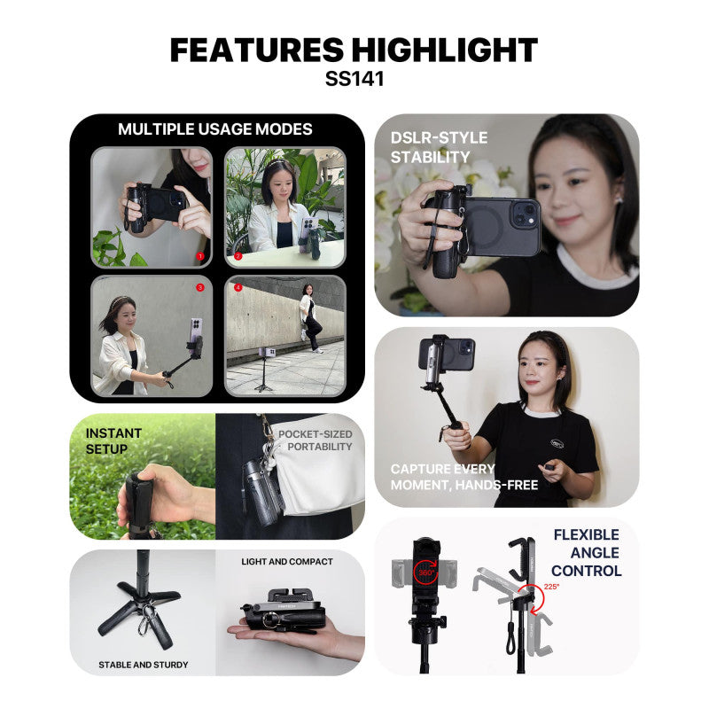 FANTECH SS141 SELFIE STICK: Pocket-Sized Mini Quadripod Stand, Bluetooth Remote, Adjustable Height (11.7 cm to 41 cm)