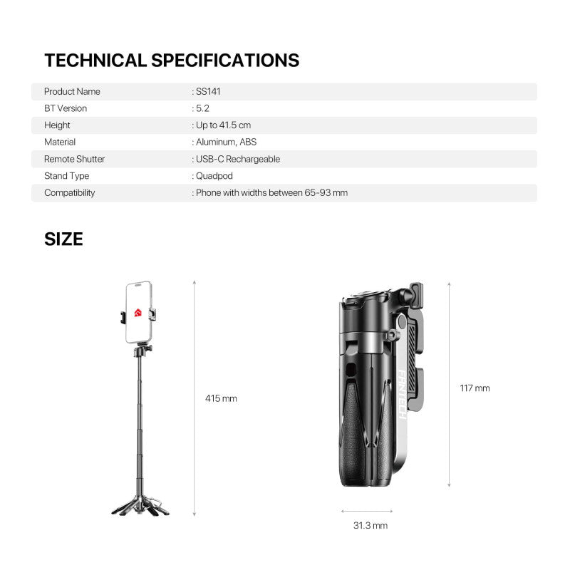 FANTECH SS141 SELFIE STICK: Pocket-Sized Mini Quadripod Stand, Bluetooth Remote, Adjustable Height (11.7 cm to 41 cm)