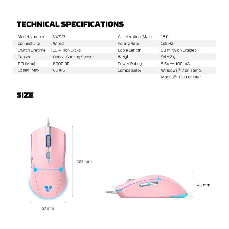 Fantech VX7V2 CRYPTO, Advanced Sensor 8000DPI, RGB Lighting, Wired Gaming Mouse (Pink)