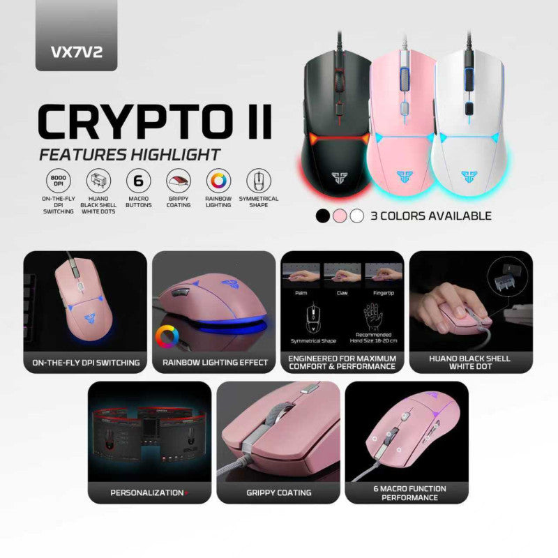 Fantech VX7V2 CRYPTO, Advanced Sensor 8000DPI, RGB Lighting, Wired Gaming Mouse (Pink)