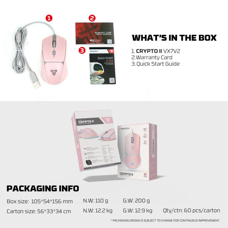 Fantech VX7V2 CRYPTO, Advanced Sensor 8000DPI, RGB Lighting, Wired Gaming Mouse (Pink)