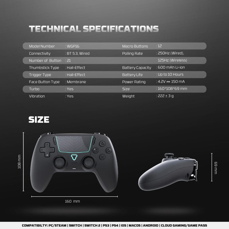 FANTECH WGP16 NOVA II Wireless Multi-Platform Gamepad – Dual Mode, Vibration, Motion Controls, 10H Battery, Black