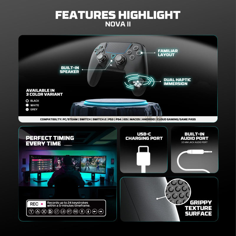 FANTECH WGP16 NOVA II Wireless Multi-Platform Gamepad – Dual Mode, Vibration, Motion Controls, 10H Battery, Black