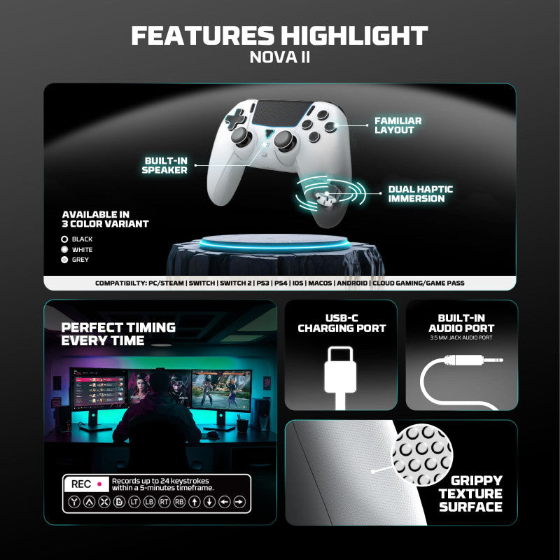 FANTECH WGP16 NOVA II Wireless Multi-Platform Gamepad – Dual Mode, Vibration, Motion Controls, 10H Battery, White