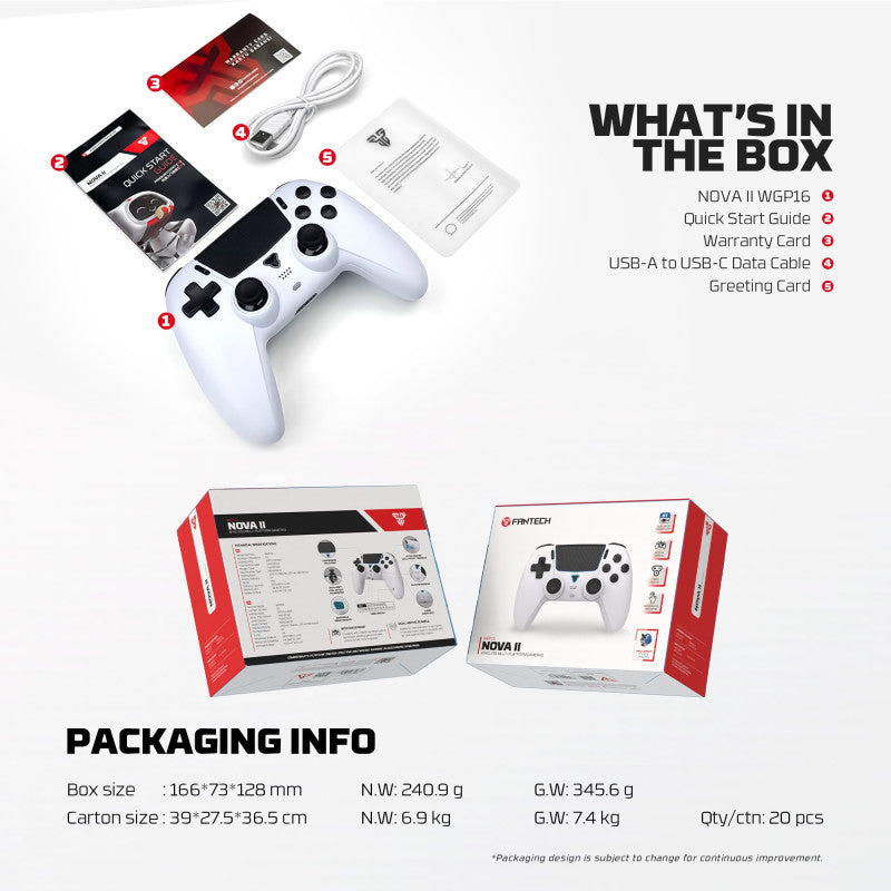 FANTECH WGP16 NOVA II Wireless Multi-Platform Gamepad – Dual Mode, Vibration, Motion Controls, 10H Battery, White