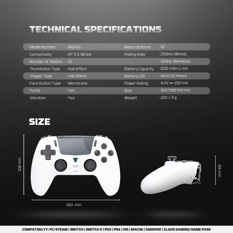 FANTECH WGP16 NOVA II Wireless Multi-Platform Gamepad – Dual Mode, Vibration, Motion Controls, 10H Battery, White