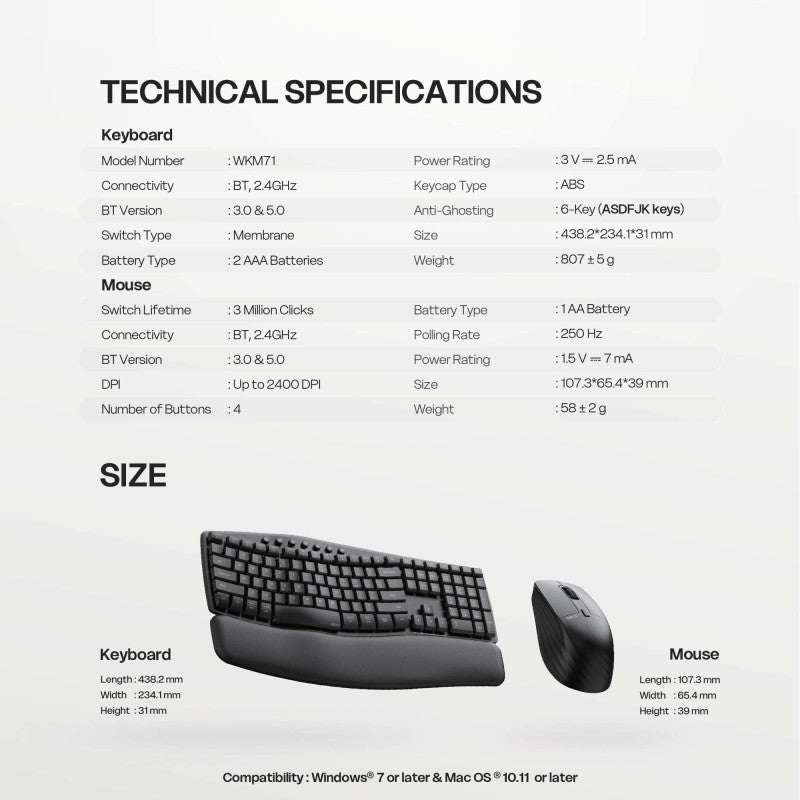 FANTECH WKM71 AERA ARCH: The Ultimate Natural Curved Ergonomic Wireless Combo, High-Performance Silent Keyboard & Mouse