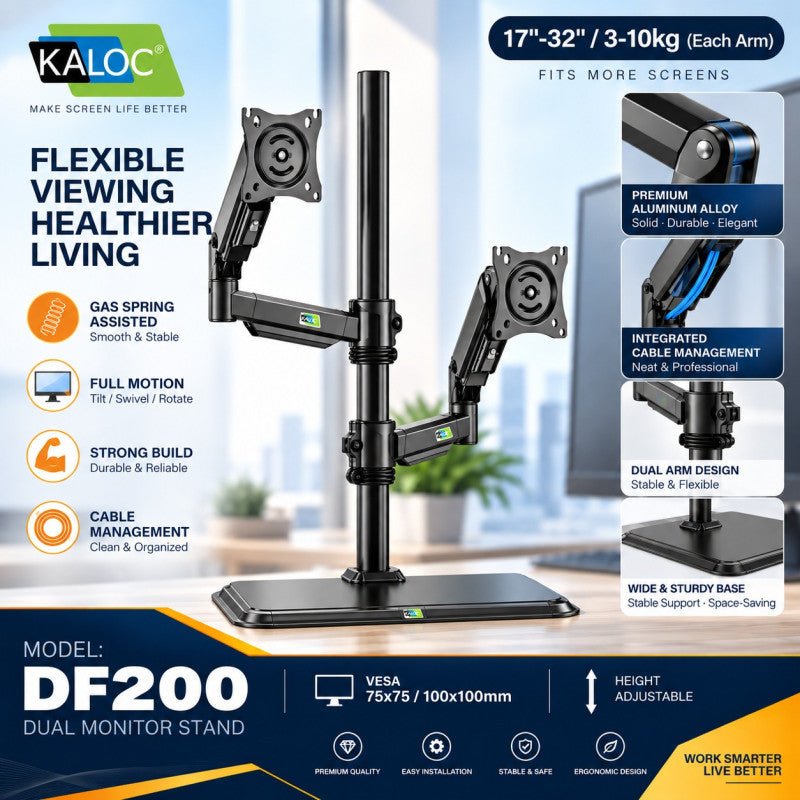KALOC DF200 17–32" Dual Monitor Stand with Gas Spring Arm, Adjustable Heavy-Duty Desk Mount