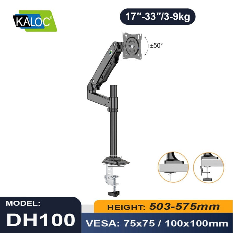 KALOC DH100B Single Monitor Arm with Internal Gas Spring technology for Easy Adjustment, for Screens 17 to 33 Inches