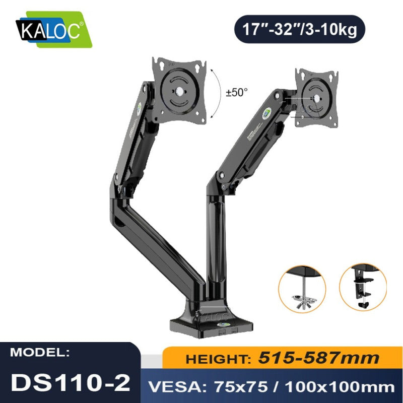KALOC DS110-2B PRO ERGO Dual Monitor Arm, Gas Spring & USB Extension & Cable Management for 17 to 32 Inch Screens (Up to 10kg)