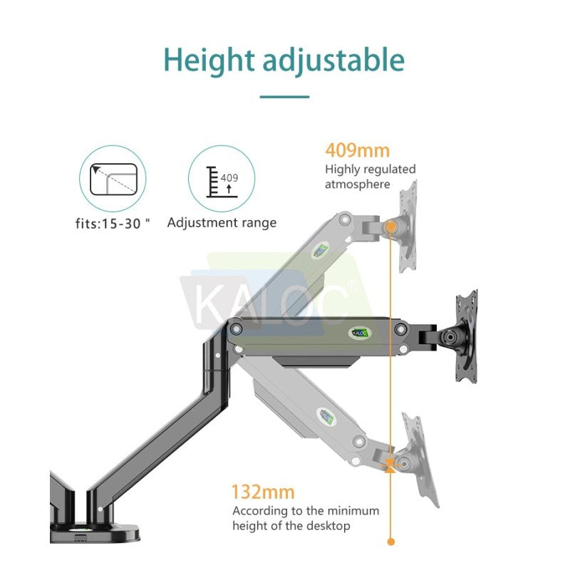 KALOC DS200-2B Ergonomic Dual Monitor Arm, Gas Spring & USB Extension & Cable Management for 17 to 32 Inch Screens (Up to 9kg)