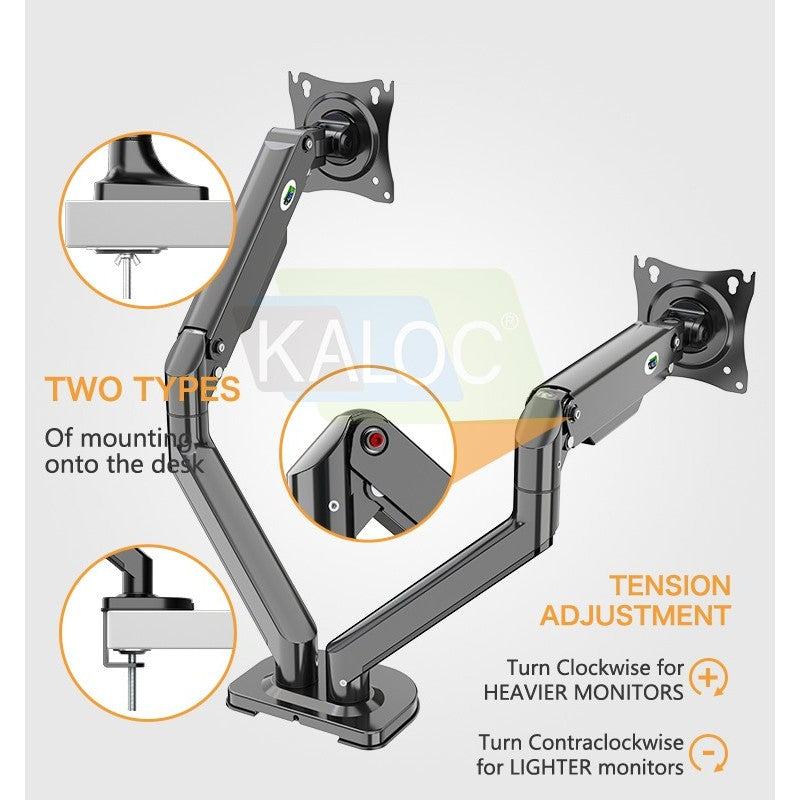 KALOC DS200-2B Ergonomic Dual Monitor Arm, Gas Spring & USB Extension & Cable Management for 17 to 32 Inch Screens (Up to 9kg)