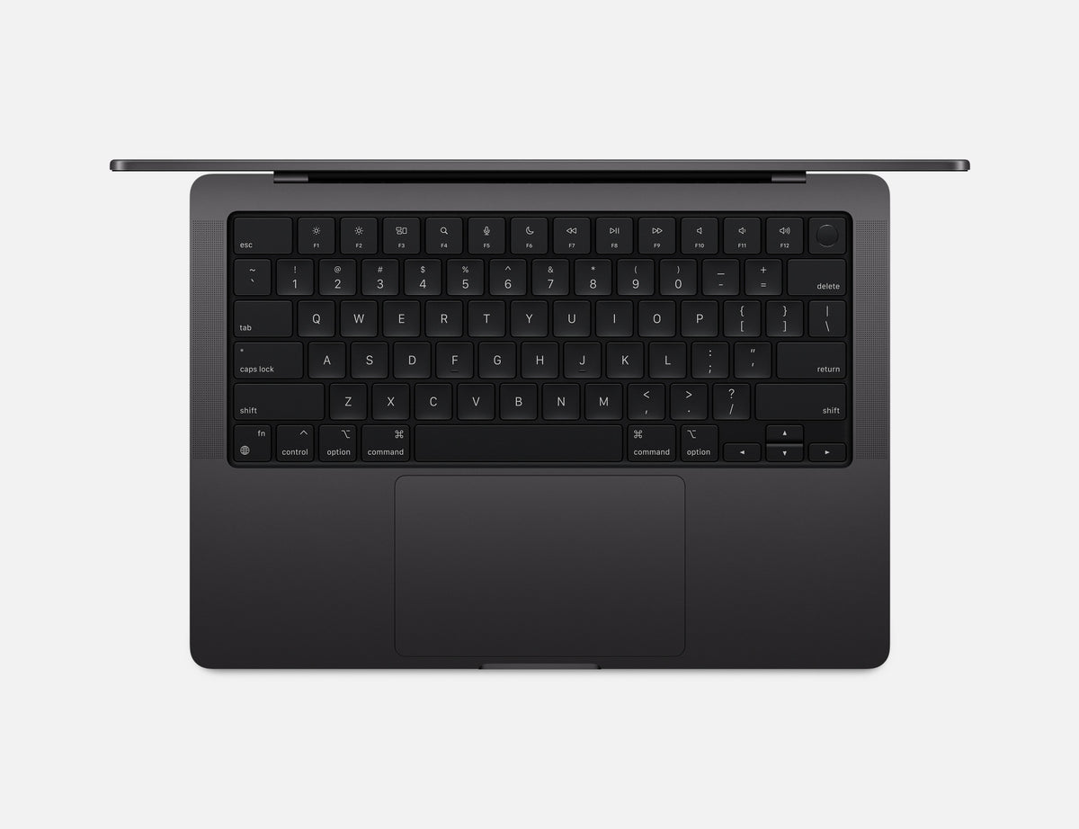 MacBook Pro 14-inch M5 Space Black, top-down keyboard view