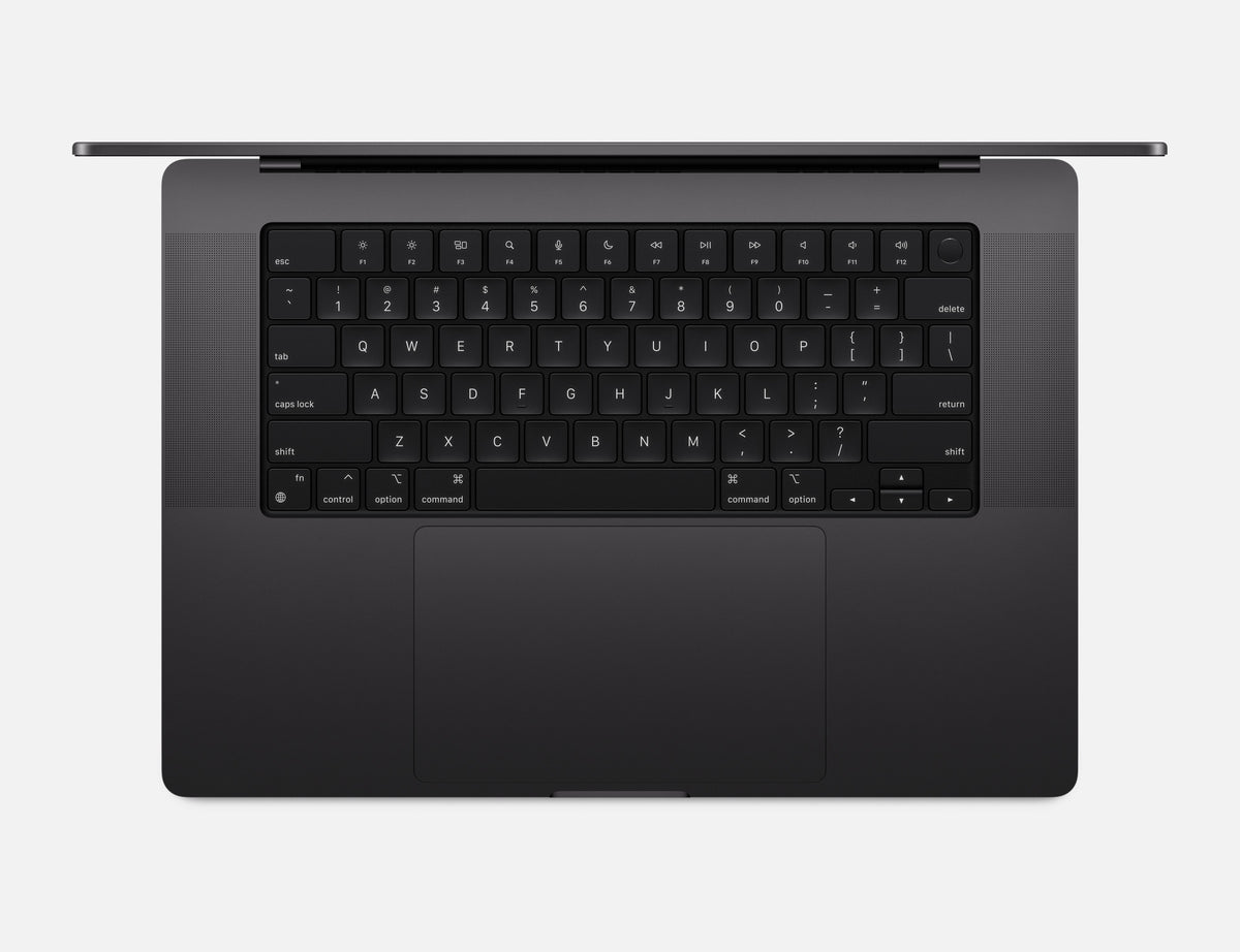 MacBook Pro 16-inch M4 Pro Space Black, top-down keyboard view